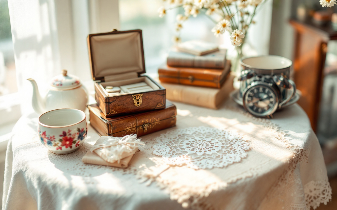 Une image montrant des accessoires vintage disposés sur une table, comprenant des nappes en dentelle délicates, des boîtes à bijoux anciennes et des livres en cuir usé, éclairés par une douce lumière naturelle.