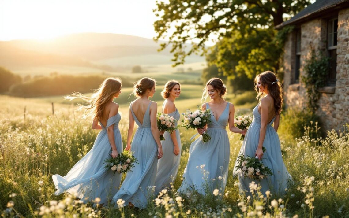 demoiselles-dhonneur-en-robes-de-chiffon-bleu-poussiere-aux-silhouettes-fluides-reunies-dans-une-prairie-de-fleurs-sauvages-pres-dune-vieille-ferme-en-pierre-jupes-ondulant-sous-une-brise-leg