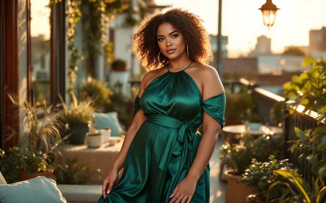 femme-pulpeuse-portant-une-robe-en-satin-avec-une-ceinture-mettant-la-taille-en-valeur-debout-sur-une-terrasse-urbaine-ensoleillee-entouree-de-plantes-et-de-textiles-doux-lumiere-chaude-de-fi