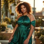 femme-pulpeuse-portant-une-robe-en-satin-avec-une-ceinture-mettant-la-taille-en-valeur-debout-sur-une-terrasse-urbaine-ensoleillee-entouree-de-plantes-et-de-textiles-doux-lumiere-chaude-de-fi