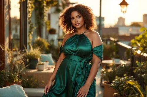 femme-pulpeuse-portant-une-robe-en-satin-avec-une-ceinture-mettant-la-taille-en-valeur-debout-sur-une-terrasse-urbaine-ensoleillee-entouree-de-plantes-et-de-textiles-doux-lumiere-chaude-de-fi