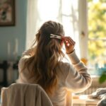 une-femme-fixe-une-barrette-dans-ses-cheveux-assise-pres-dune-coiffeuse-baignee-dune-lumiere-matinale-douce-avec-une-plante-en-pot-et-des-tissus-textures-en-arriere-plan