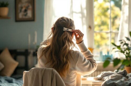 une-femme-fixe-une-barrette-dans-ses-cheveux-assise-pres-dune-coiffeuse-baignee-dune-lumiere-matinale-douce-avec-une-plante-en-pot-et-des-tissus-textures-en-arriere-plan