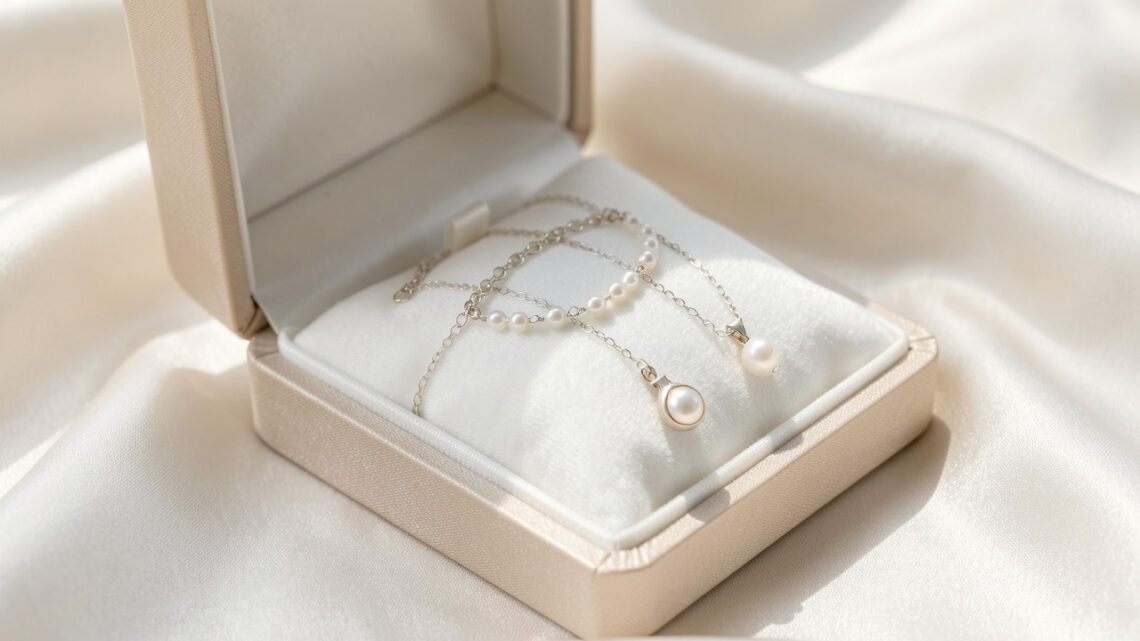 Écrin ouvert présentant un bracelet, une chaîne et un pendentif délicats sur un tissu blanc, éclairés par une lumière douce.