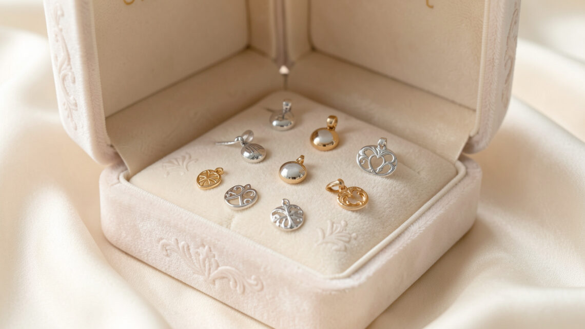 Écrin élégant présentant de délicats bijoux de baptême argentés et dorés sur un satin ivoire, dans une ambiance douce et lumineuse.