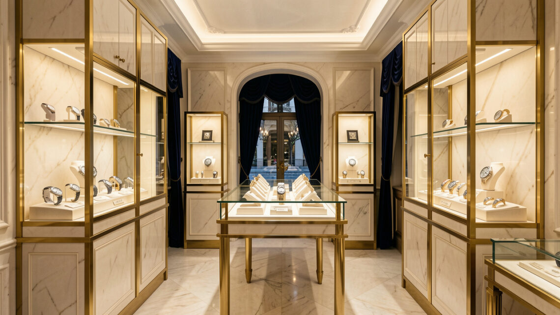 Intérieur élégant d’une bijouterie horlogère parisienne, avec des vitrines lumineuses présentant des montres raffinées et des détails en laiton sur un décor de marbre clair et de velours bleu nuit.