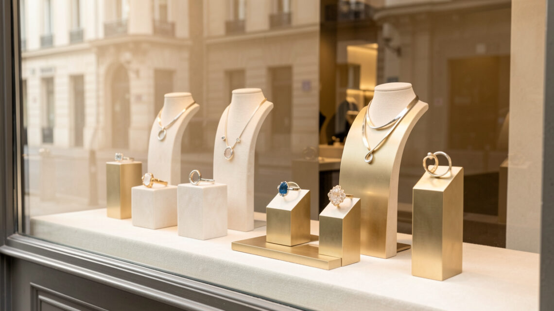Vitrine élégante d’une boutique parisienne présentant des bagues et des colliers contemporains sur des présentoirs minimalistes, baignés de lumière naturelle.