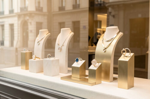 Vitrine élégante d’une boutique parisienne présentant des bagues et des colliers contemporains sur des présentoirs minimalistes, baignés de lumière naturelle.