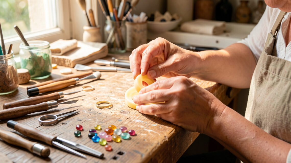 Mains féminines façonnant une bague en cire sur un établi d’atelier de bijouterie en Provence, entourées d’outils et de pierres colorées.
