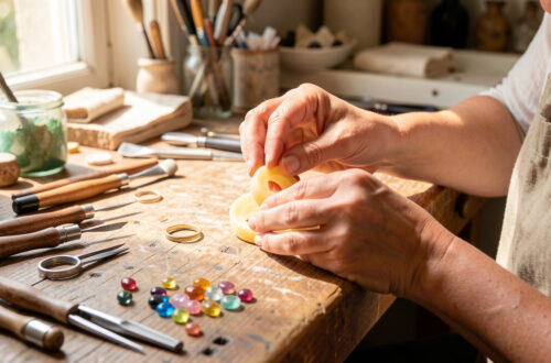 Mains féminines façonnant une bague en cire sur un établi d’atelier de bijouterie en Provence, entourées d’outils et de pierres colorées.