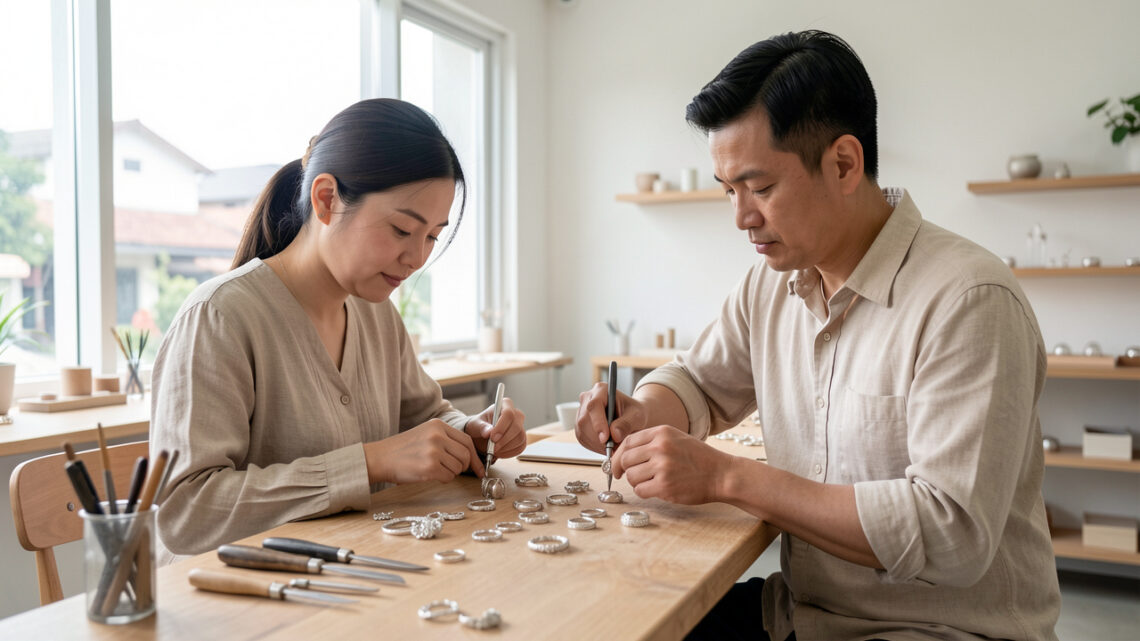 Une femme et un homme artisans assemblent soigneusement des bagues et des pendentifs en argent dans un atelier de joaillerie contemporain à Hô Chi Minh-Ville, éclairé par la lumière naturelle.