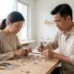 Comment Pandora mise-t-elle sur les diamants de laboratoire au Vietnam ? Une femme et un homme artisans assemblent soigneusement des bagues et des pendentifs en argent dans un atelier de joaillerie contemporain à Hô Chi Minh-Ville, éclairé par la lumière naturelle.