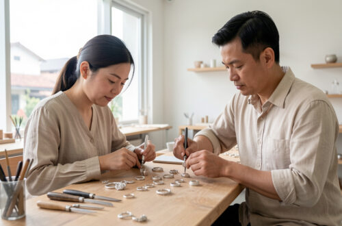 Une femme et un homme artisans assemblent soigneusement des bagues et des pendentifs en argent dans un atelier de joaillerie contemporain à Hô Chi Minh-Ville, éclairé par la lumière naturelle.
