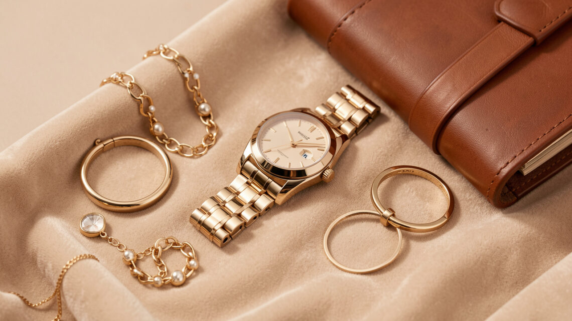 Collection élégante de bijoux en or, montre raffinée et articles de maroquinerie disposés sur un velours beige.