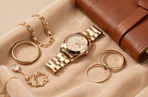 Collection élégante de bijoux en or, montre raffinée et articles de maroquinerie disposés sur un velours beige.