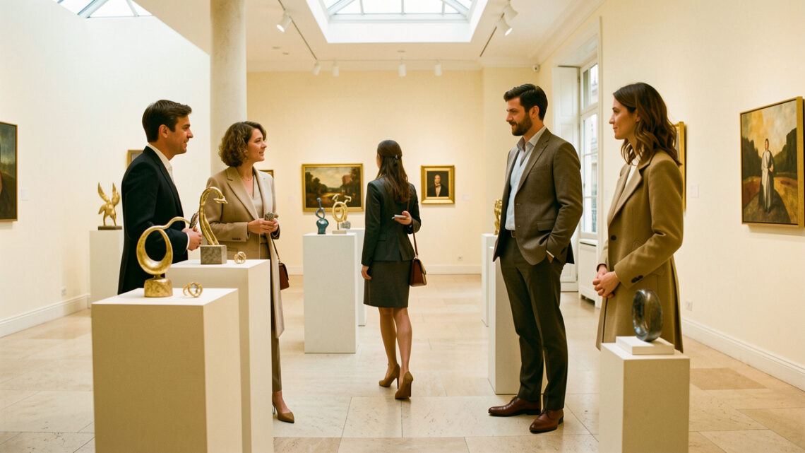 Des visiteurs observent des bijoux contemporains présentés sur des socles dans une galerie parisienne lumineuse et chaleureuse.