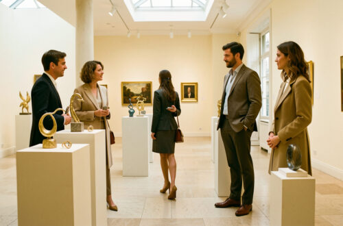 Des visiteurs observent des bijoux contemporains présentés sur des socles dans une galerie parisienne lumineuse et chaleureuse.